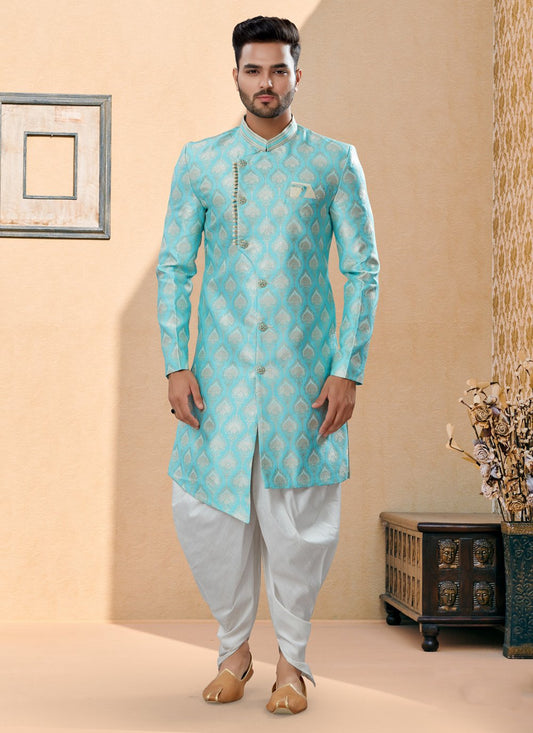 Indo Western Sherwani Banarasi Jacquard Firozi Stone Mens