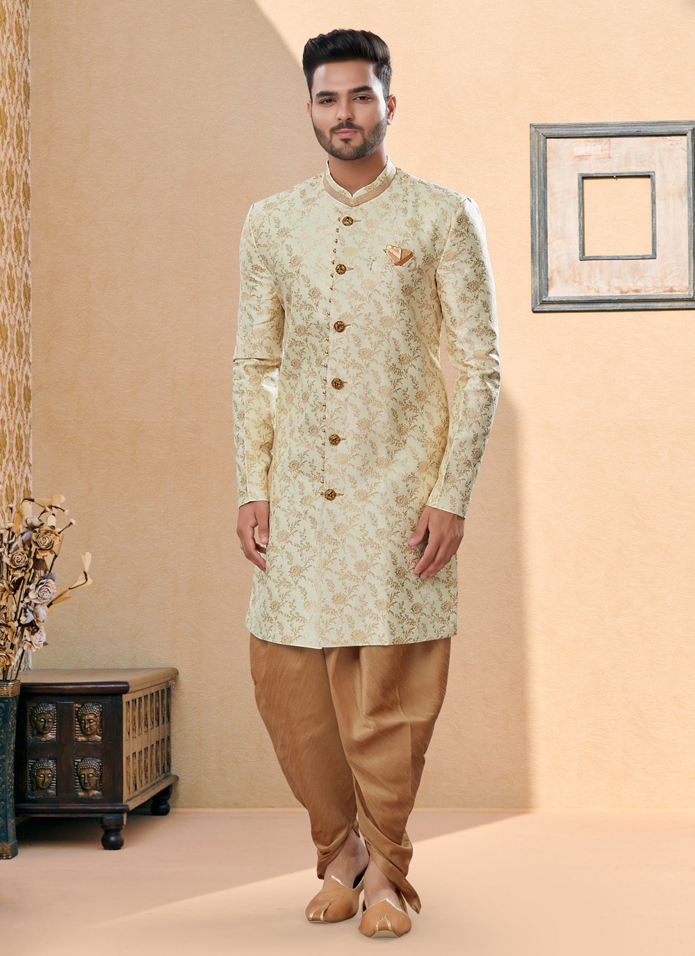 Indo Western Sherwani Banarasi Jacquard Gold Thread Mens