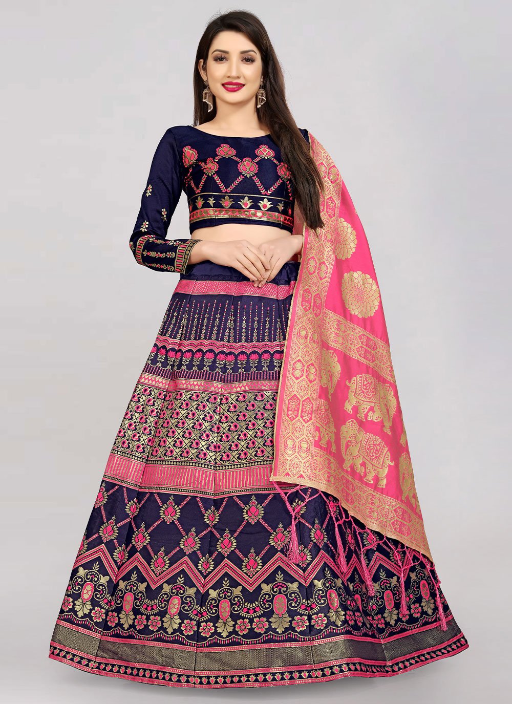 A Line Lehenga Banarasi Silk Blue Pink Jacquard Work Lehenga Choli