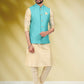 Kurta Payjama With Jacket Banarasi Silk Aqua Blue Cream Print Mens