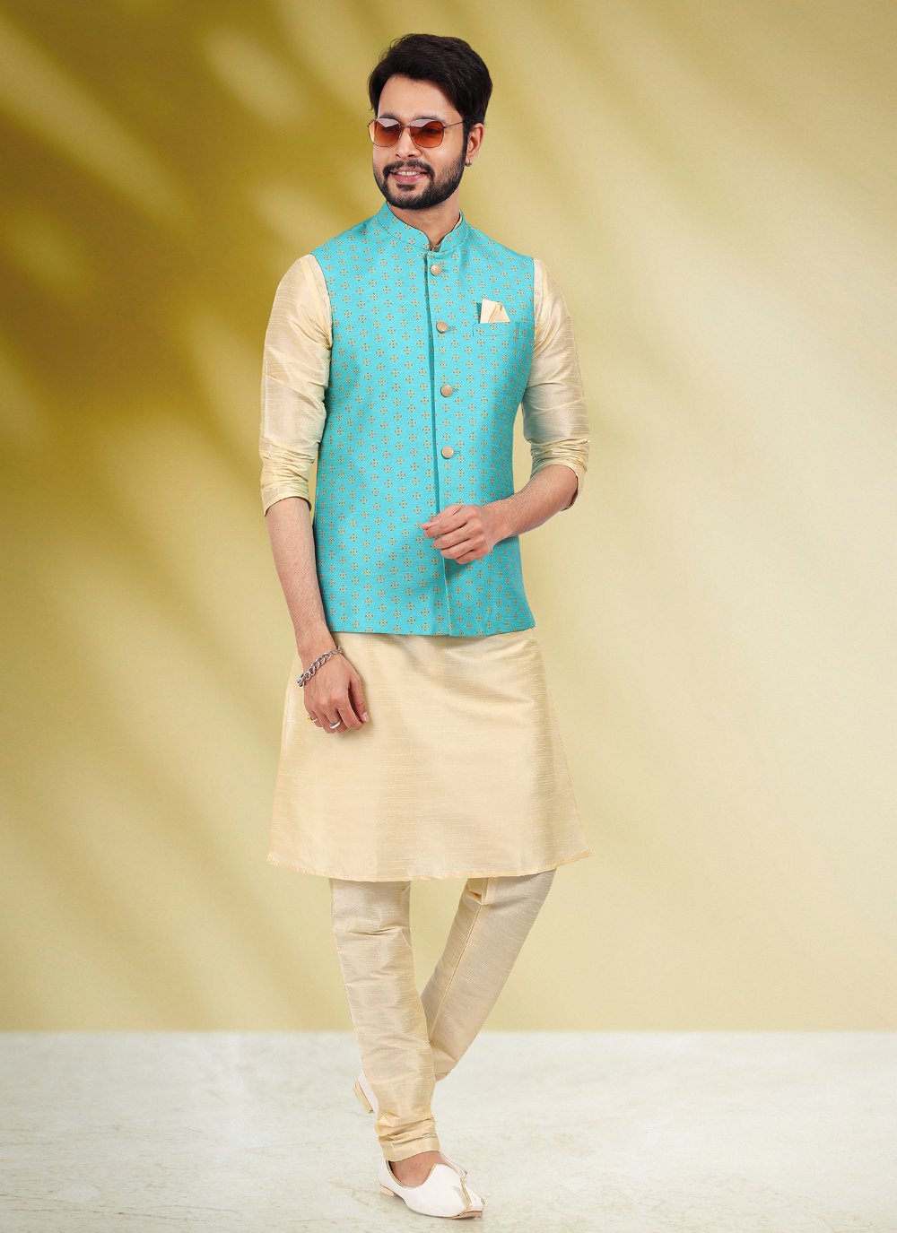 Kurta Payjama With Jacket Banarasi Silk Aqua Blue Cream Print Mens