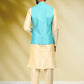 Kurta Payjama With Jacket Banarasi Silk Aqua Blue Cream Print Mens