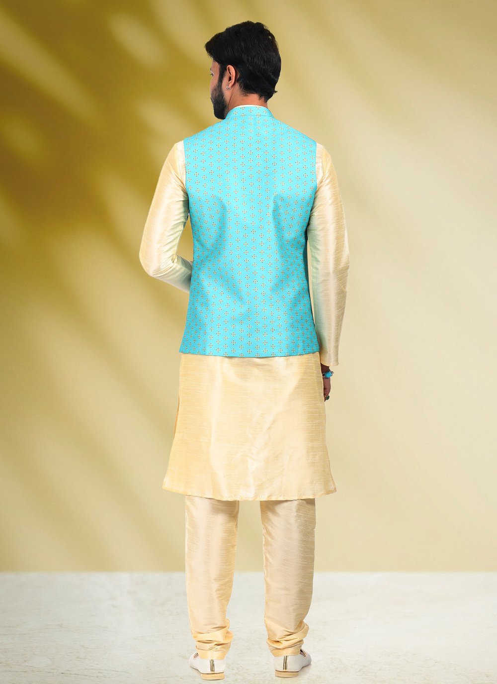 Kurta Payjama With Jacket Banarasi Silk Aqua Blue Cream Print Mens