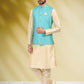 Kurta Payjama With Jacket Banarasi Silk Aqua Blue Cream Print Mens