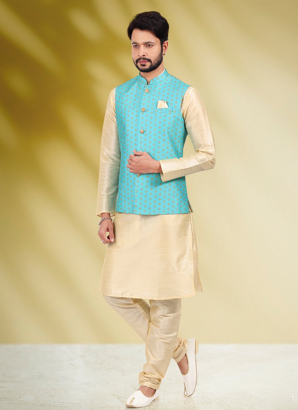 Kurta Payjama With Jacket Banarasi Silk Aqua Blue Cream Print Mens