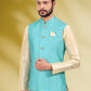 Kurta Payjama With Jacket Banarasi Silk Aqua Blue Cream Print Mens