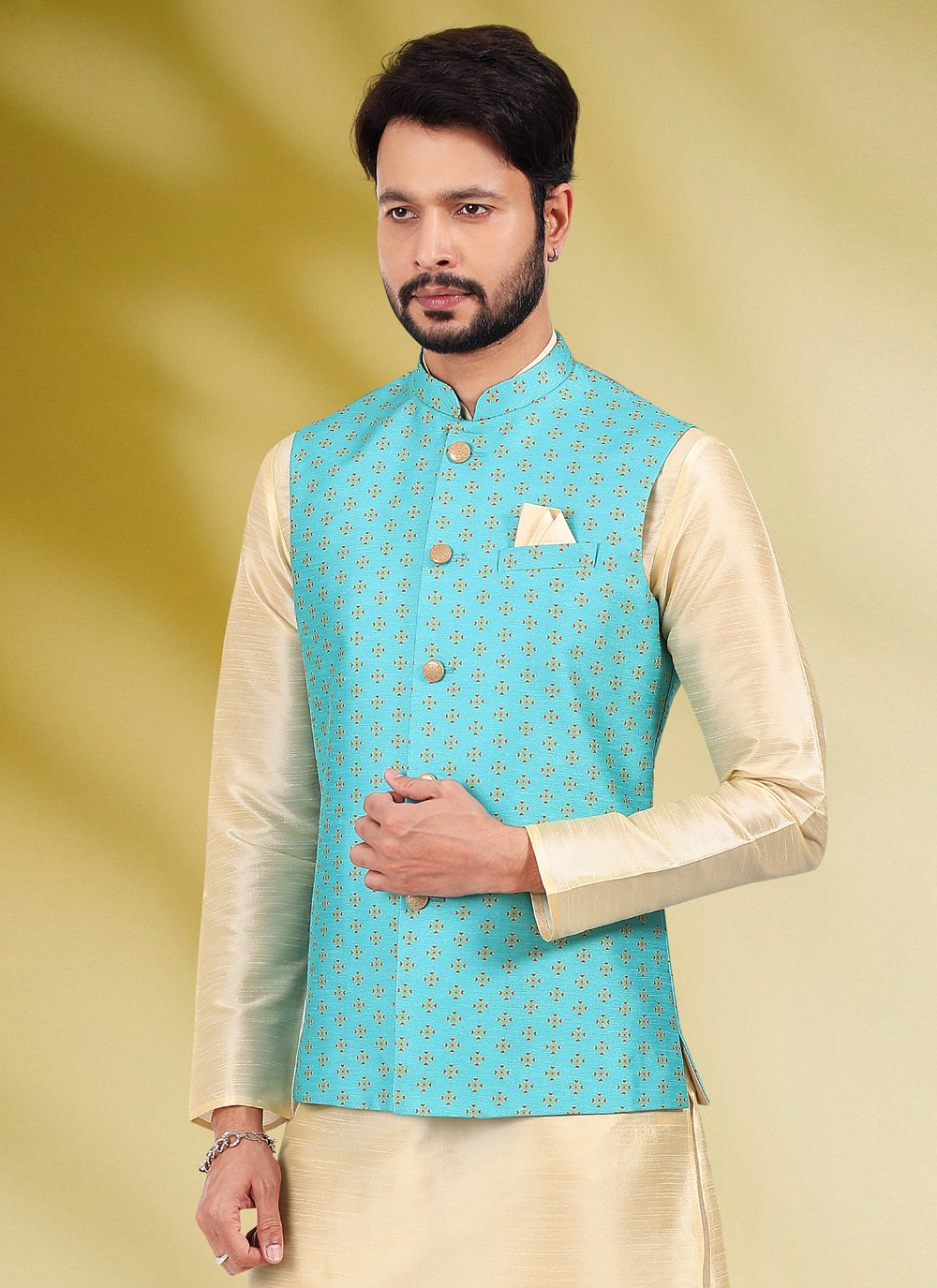 Kurta Payjama With Jacket Banarasi Silk Aqua Blue Cream Print Mens