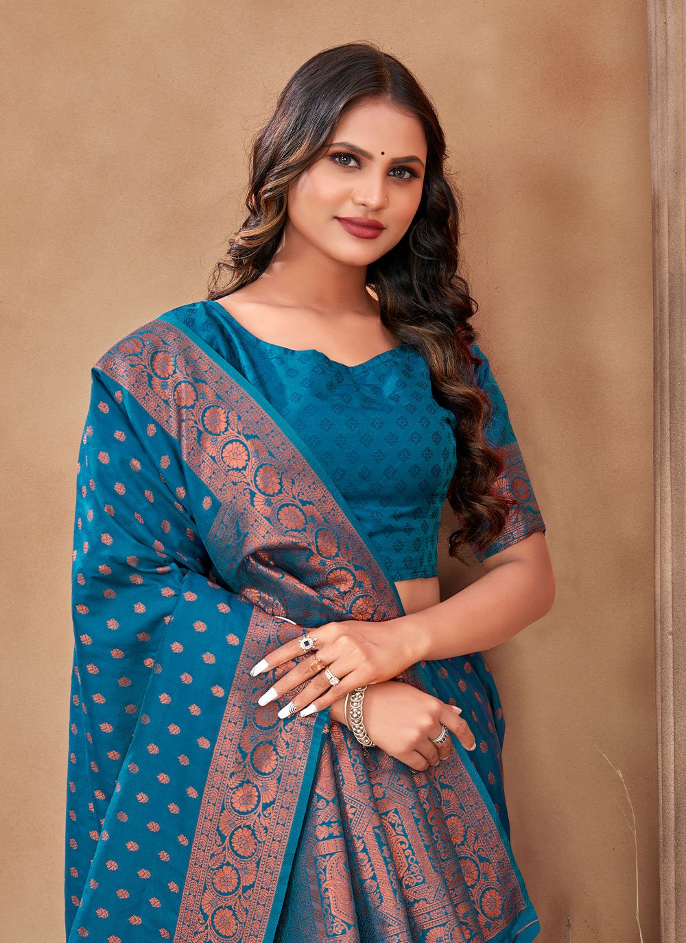 Classic Banarasi Silk Aqua Blue Patch Border Saree