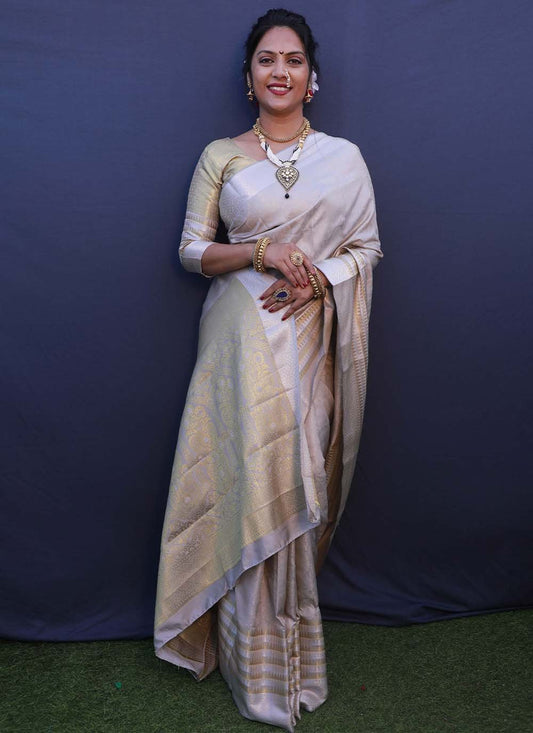 Trendy Saree Banarasi Silk Beige Jacquard Work Saree