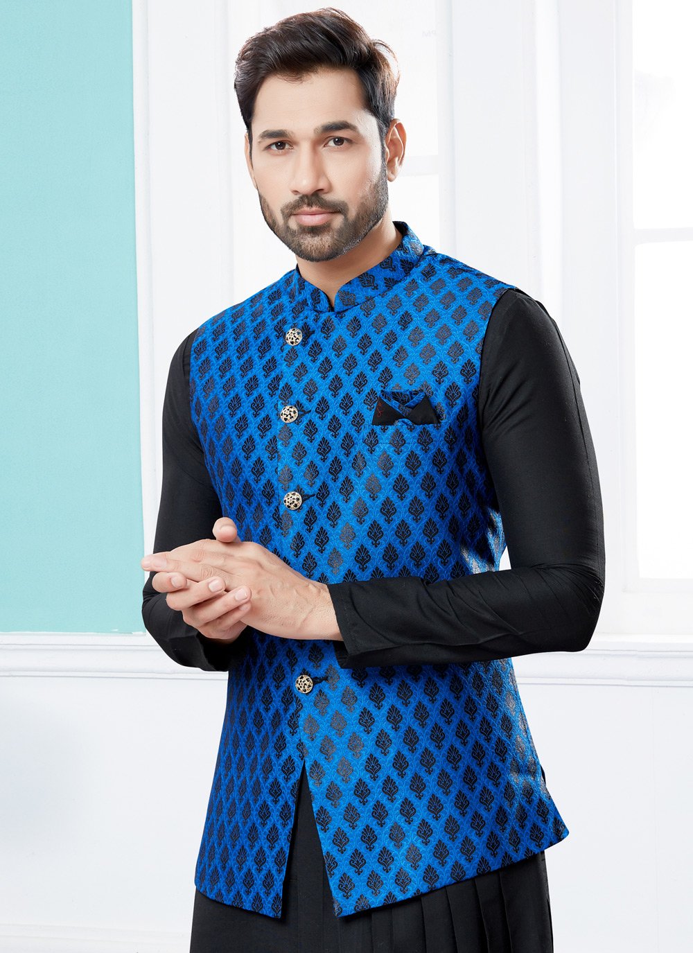 Indo Western Banarasi Silk Dupion Silk Black Blue Jacquard Work Mens