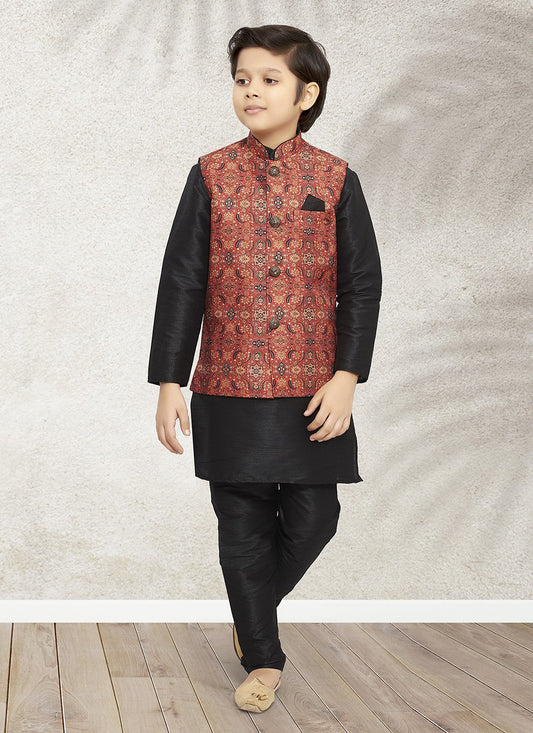 Kurta Payjama With Jacket Banarasi Silk Black Maroon Print Kids