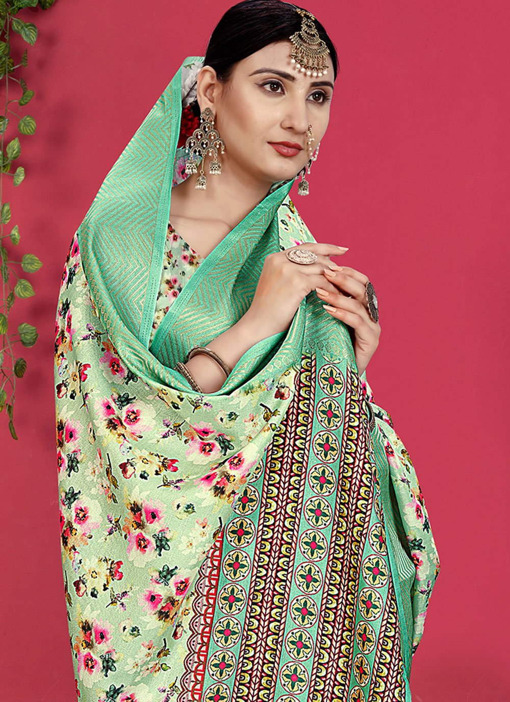 Contemporary Banarasi Silk Tussar Silk Sea Green Patch Border Saree