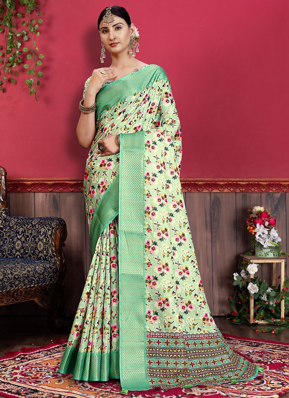 Contemporary Banarasi Silk Tussar Silk Sea Green Patch Border Saree