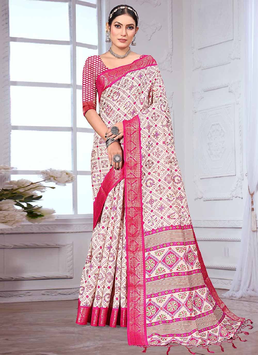 Classic Banarasi Silk Off White Patch Border Saree