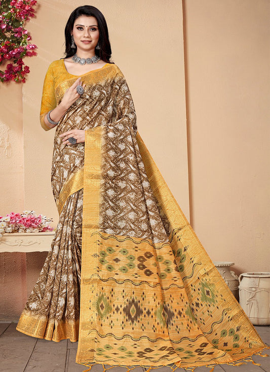 Contemporary Banarasi Silk Brown Mustard Patch Border Saree