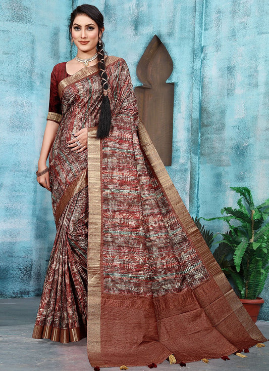 Classic Banarasi Silk Brown Digital Print Saree