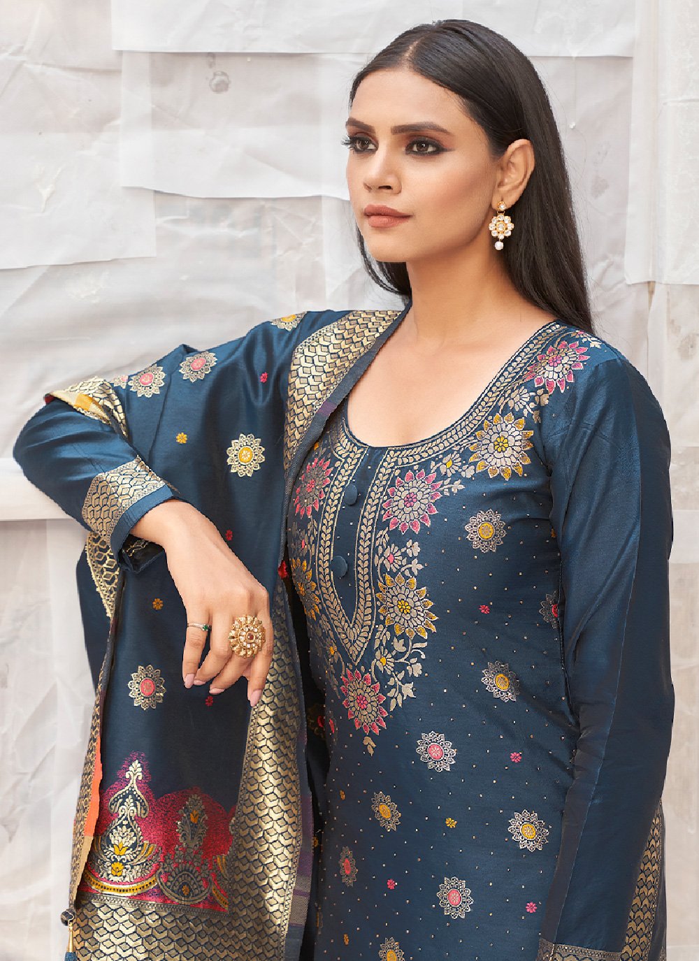 Straight Salwar Suit Banarasi Silk Blue Woven Salwar Kameez