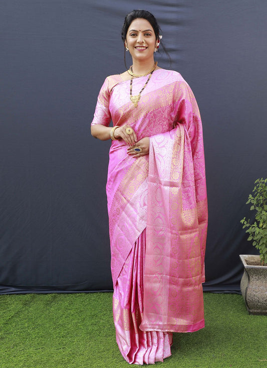 Designer Banarasi Silk Pink Jacquard Work Saree