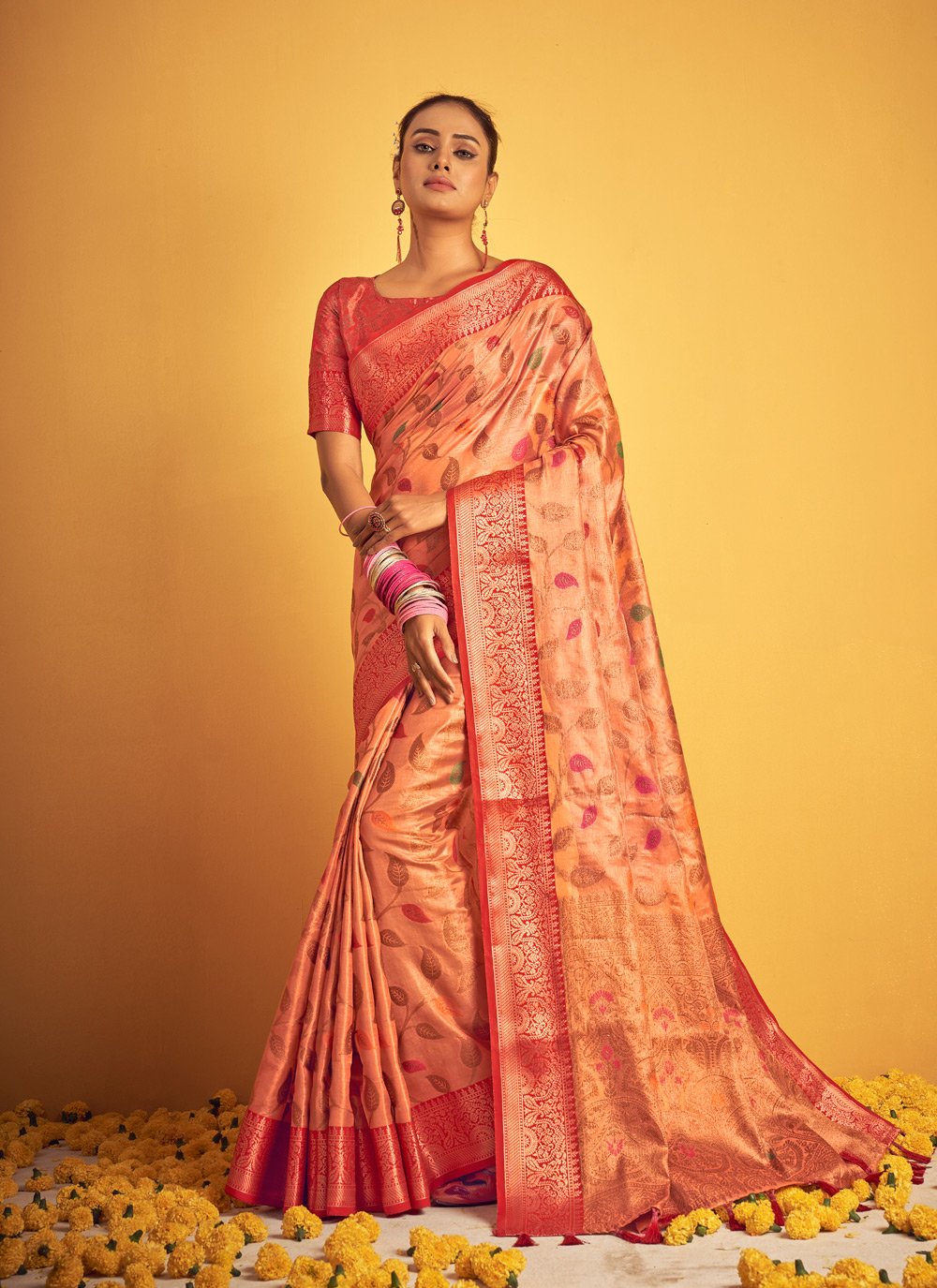 Traditional Saree Banarasi Silk Peach Weaving Saree