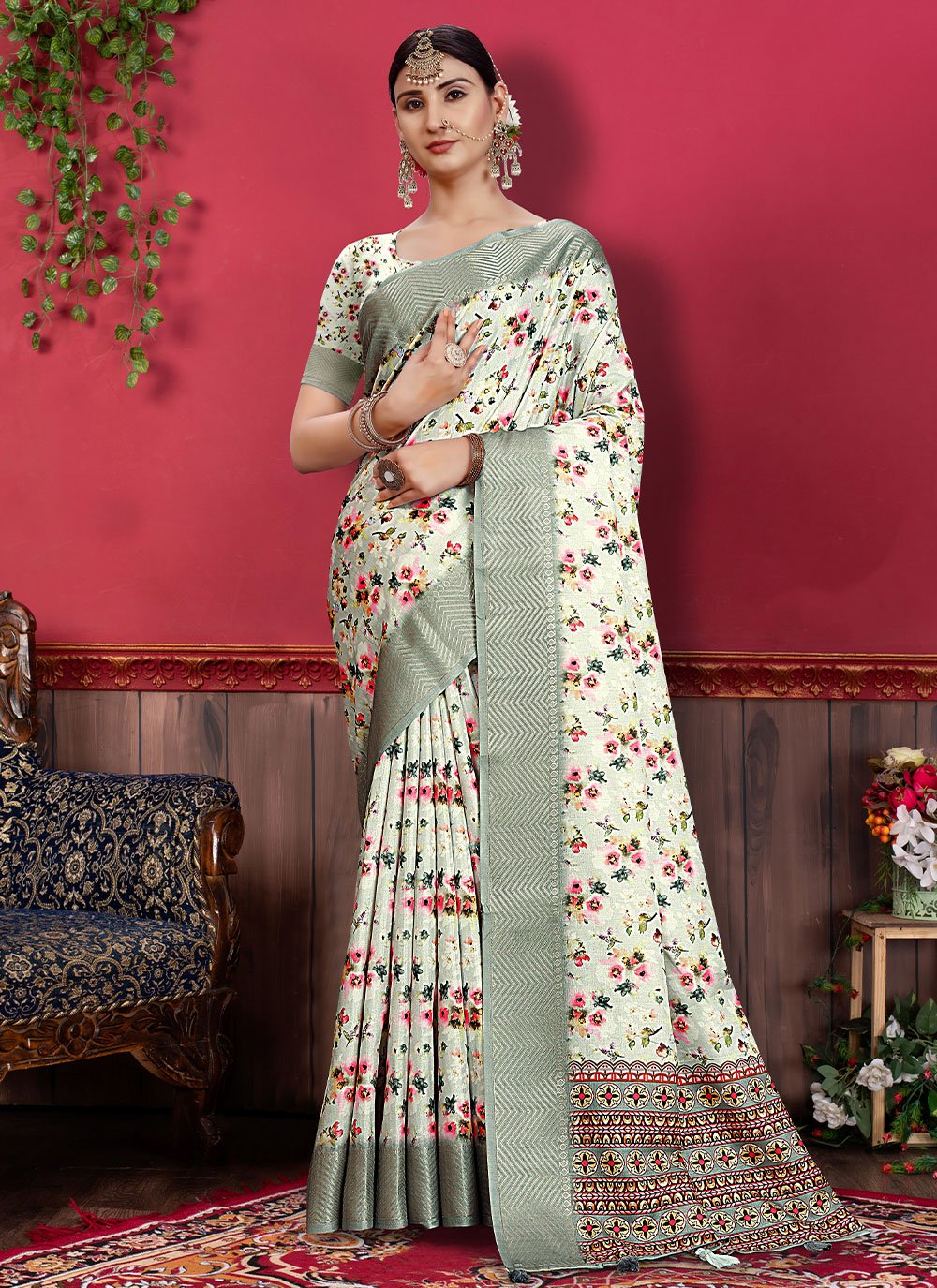 Classic Banarasi Silk Tussar Silk Sea Green Patch Border Saree