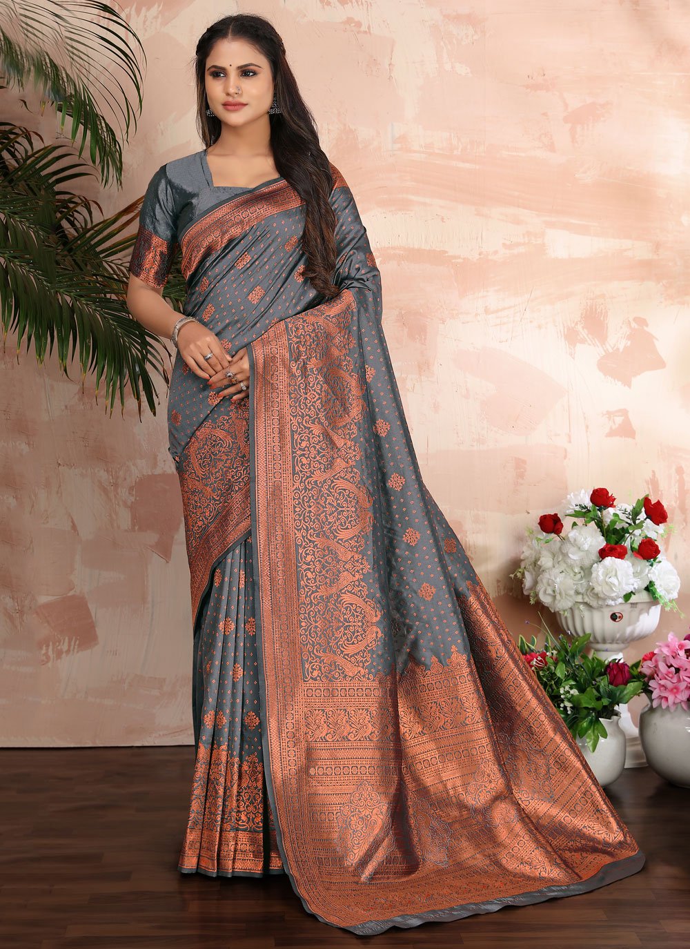 Classic Banarasi Silk Grey Weaving Saree