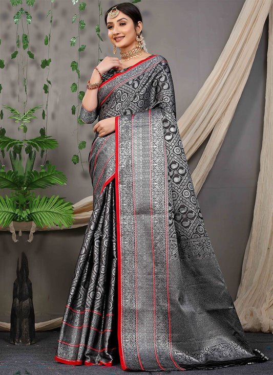 Contemporary Banarasi Silk Black Jacquard Work Saree