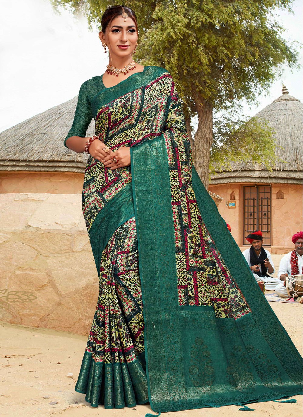 Contemporary Banarasi Silk Cotton Teal Digital Print Saree