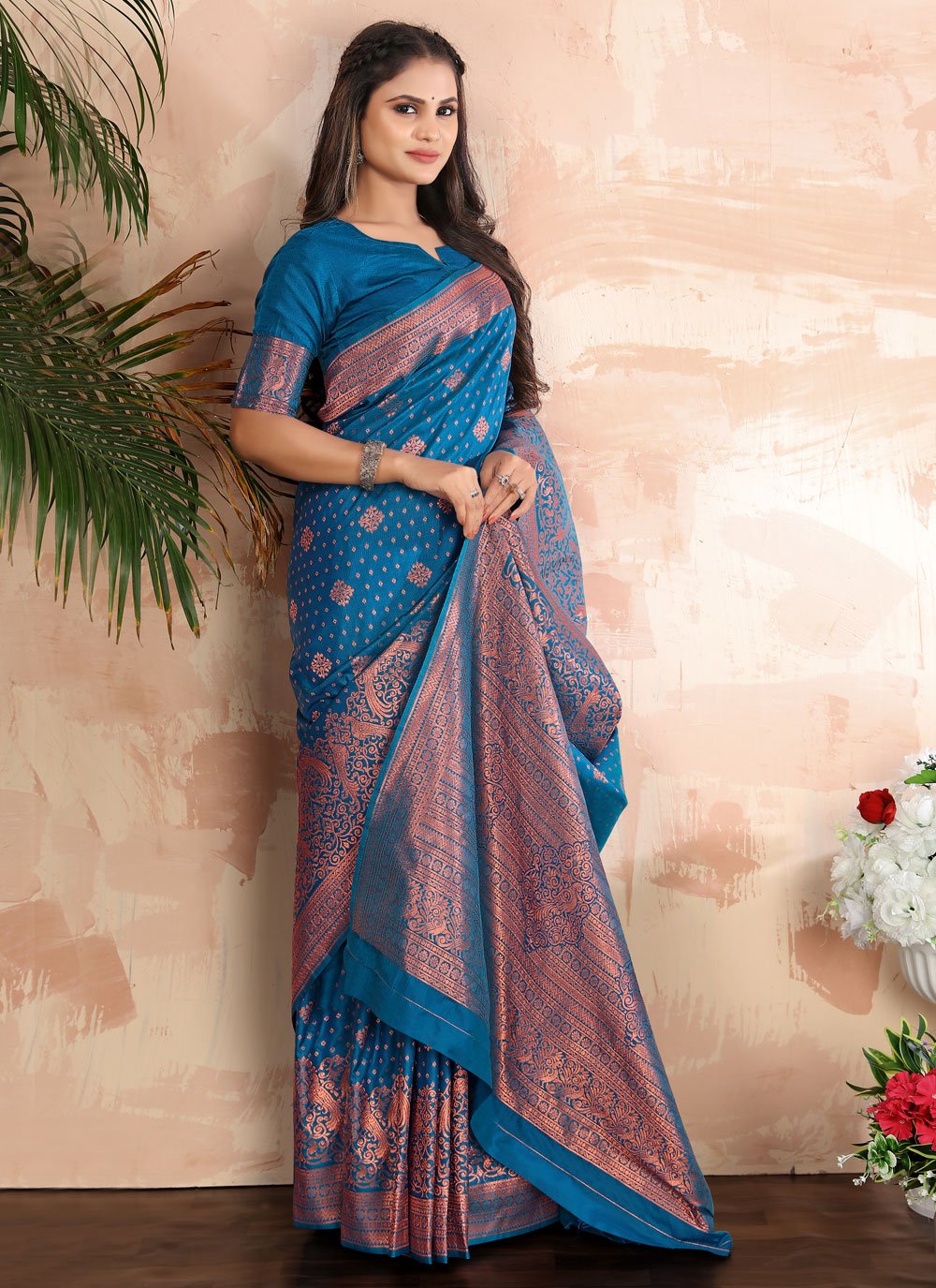 Contemporary Banarasi Silk Morpeach Weaving Saree