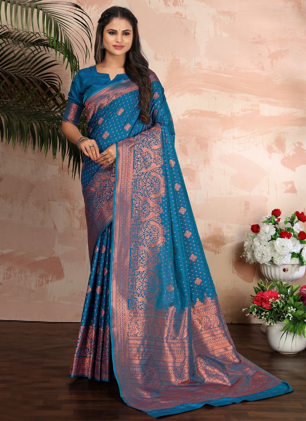 Contemporary Banarasi Silk Morpeach Weaving Saree