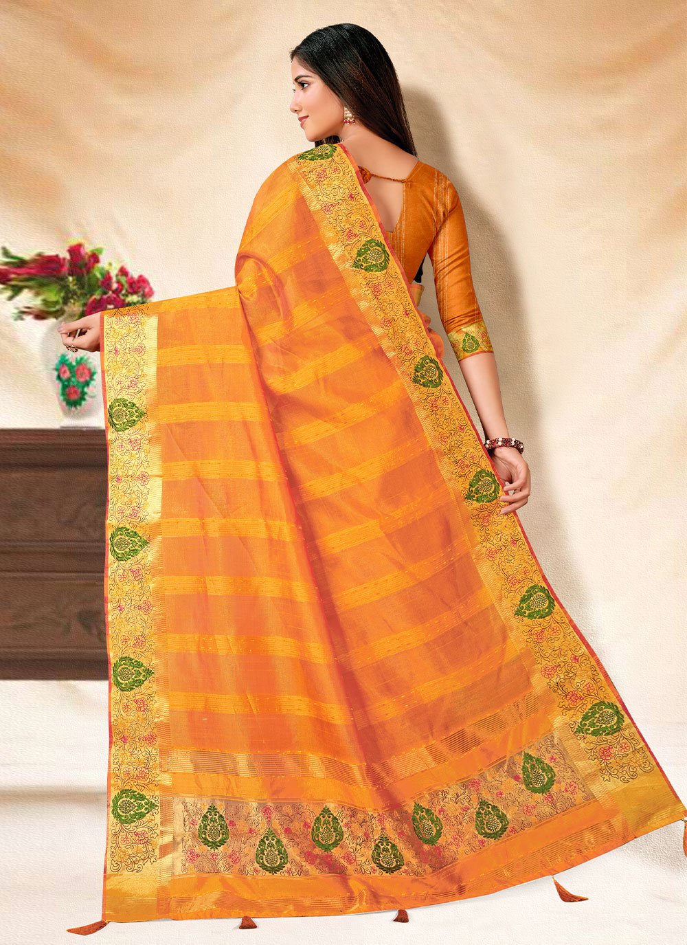 Contemporary Banarasi Silk Mustard Embroidered Saree