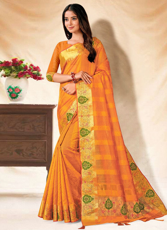 Contemporary Banarasi Silk Mustard Embroidered Saree