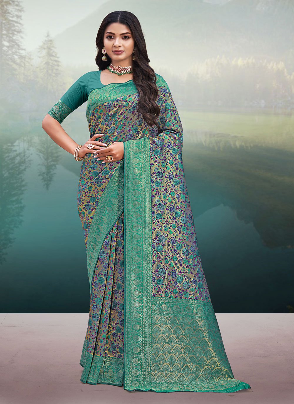 Traditional Saree Banarasi Silk Cream Green Weaving Saree