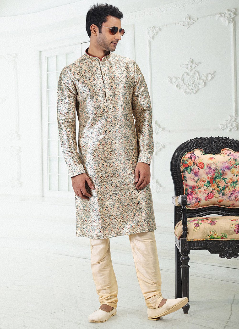 Kurta Pyjama Banarasi Silk Cream Digital Print Mens