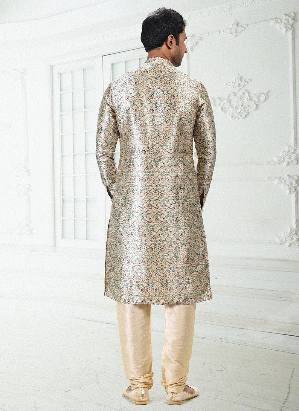 Kurta Pyjama Banarasi Silk Cream Digital Print Mens