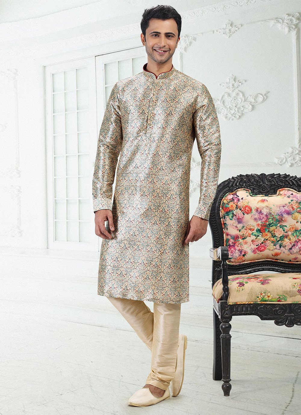 Kurta Pyjama Banarasi Silk Cream Digital Print Mens