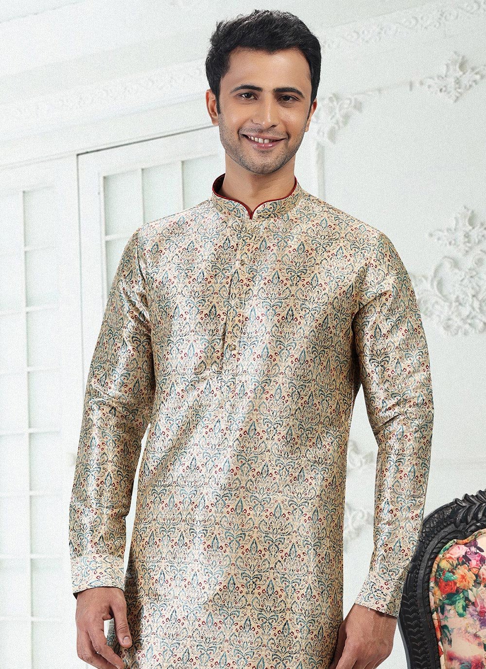 Kurta Pyjama Banarasi Silk Cream Digital Print Mens