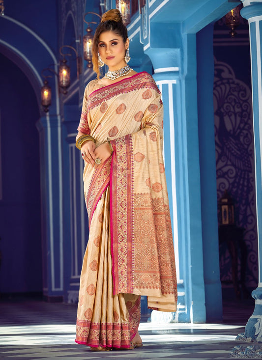 Designer Banarasi Silk Cream Weaving Saree