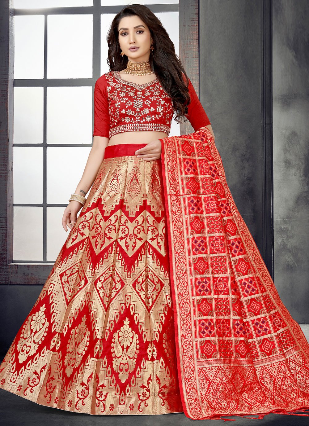 Lehenga Style Saree Banarasi Silk Red Mirror Lehenga Choli