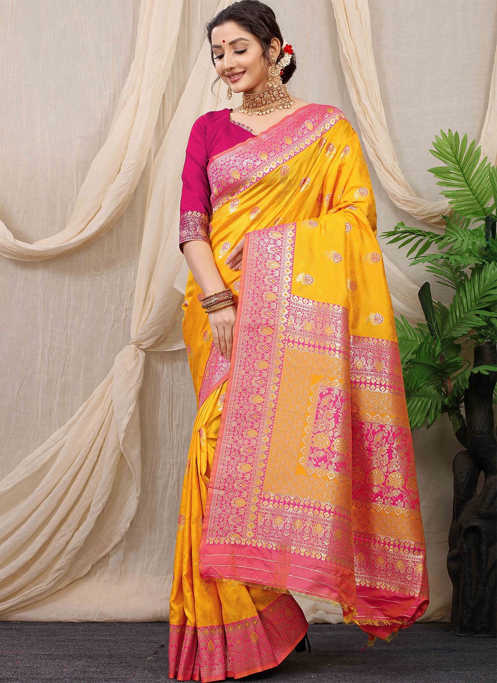 Designer Banarasi Silk Mustard Jacquard Work Saree