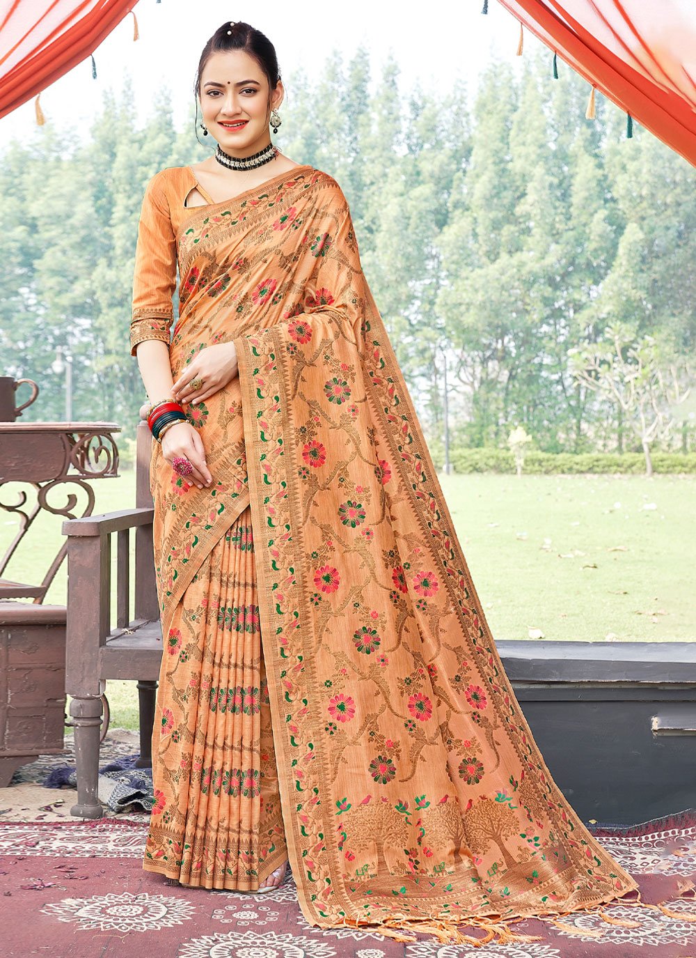 Traditional Saree Banarasi Silk Peach Embroidered Saree