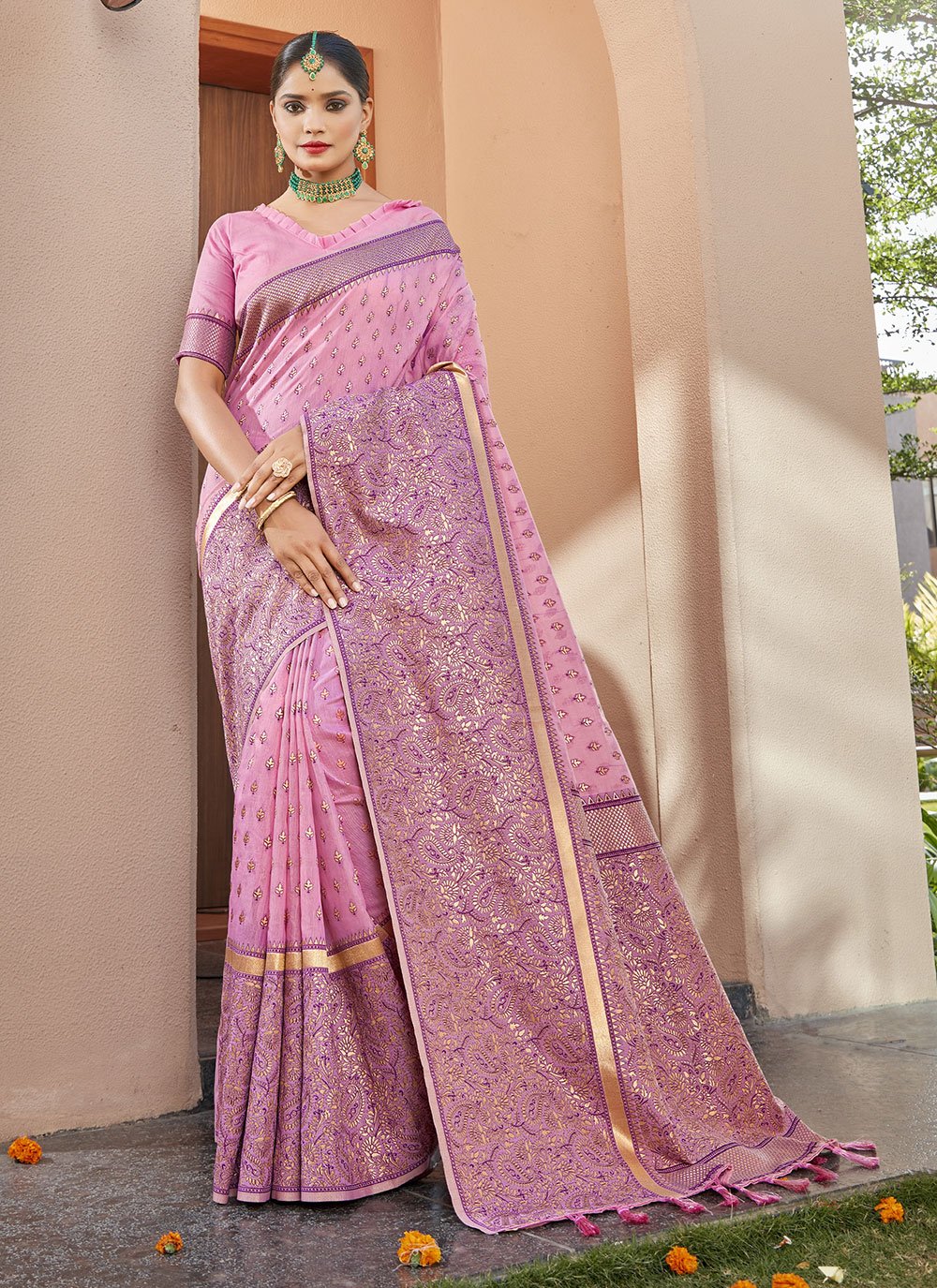 Traditional Saree Banarasi Silk Pink Weaving Saree