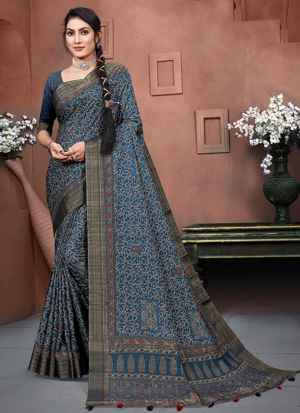 Classic Banarasi Silk Blue Digital Print Saree