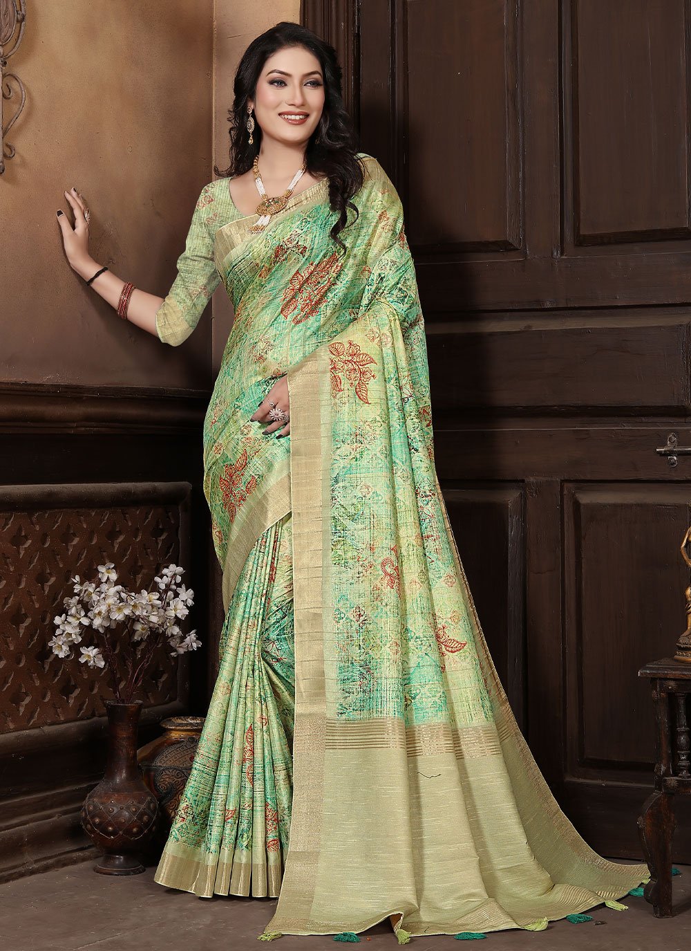 Classic Banarasi Silk Green Digital Print Saree