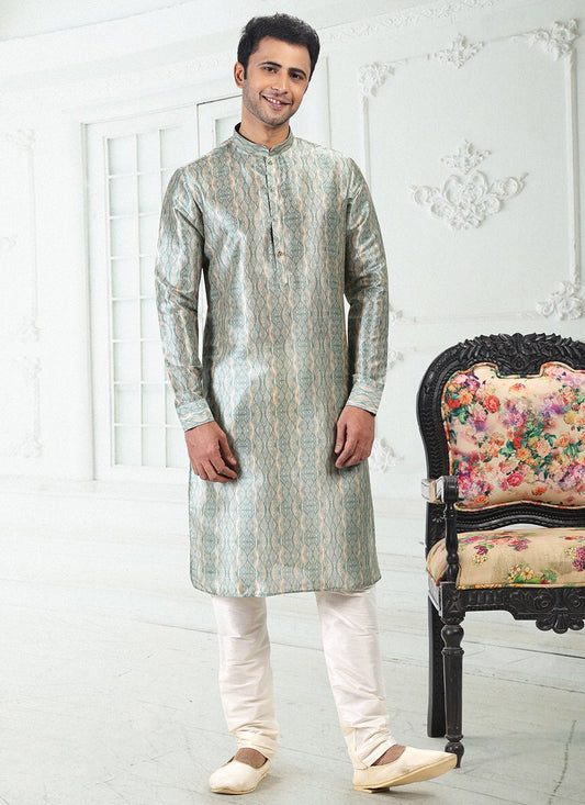 Kurta Pyjama Banarasi Silk Cream Green Digital Print Mens