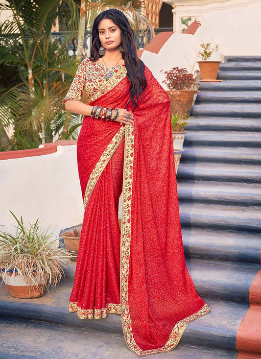 Traditional Saree Banarasi Silk Red Digital Print Saree