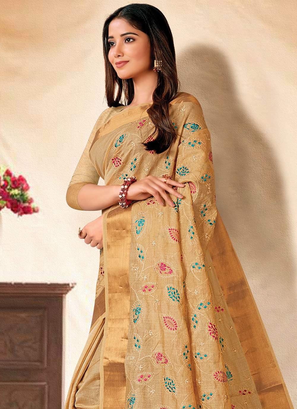 Contemporary Banarasi Silk Beige Embroidered Saree