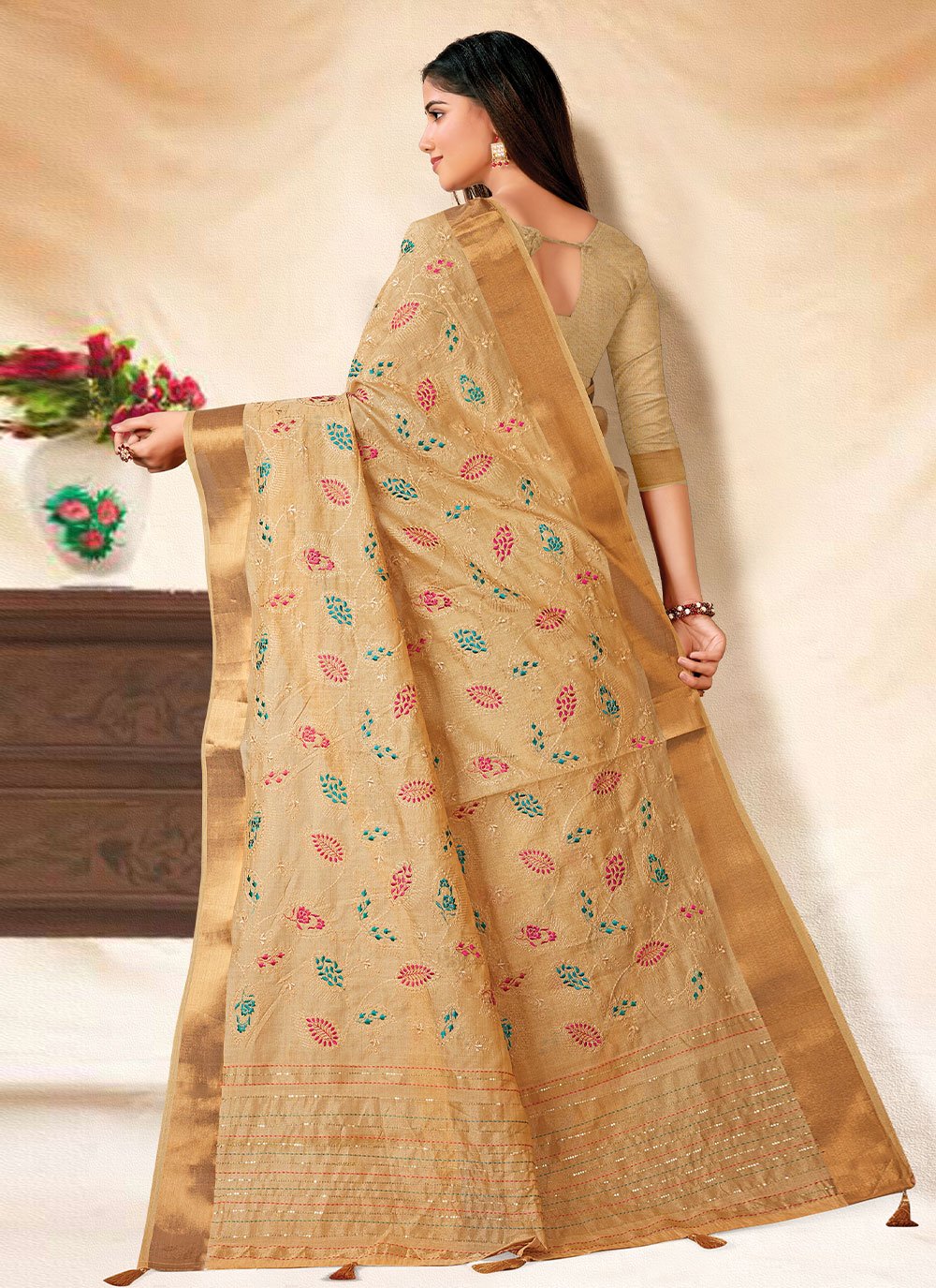 Contemporary Banarasi Silk Beige Embroidered Saree