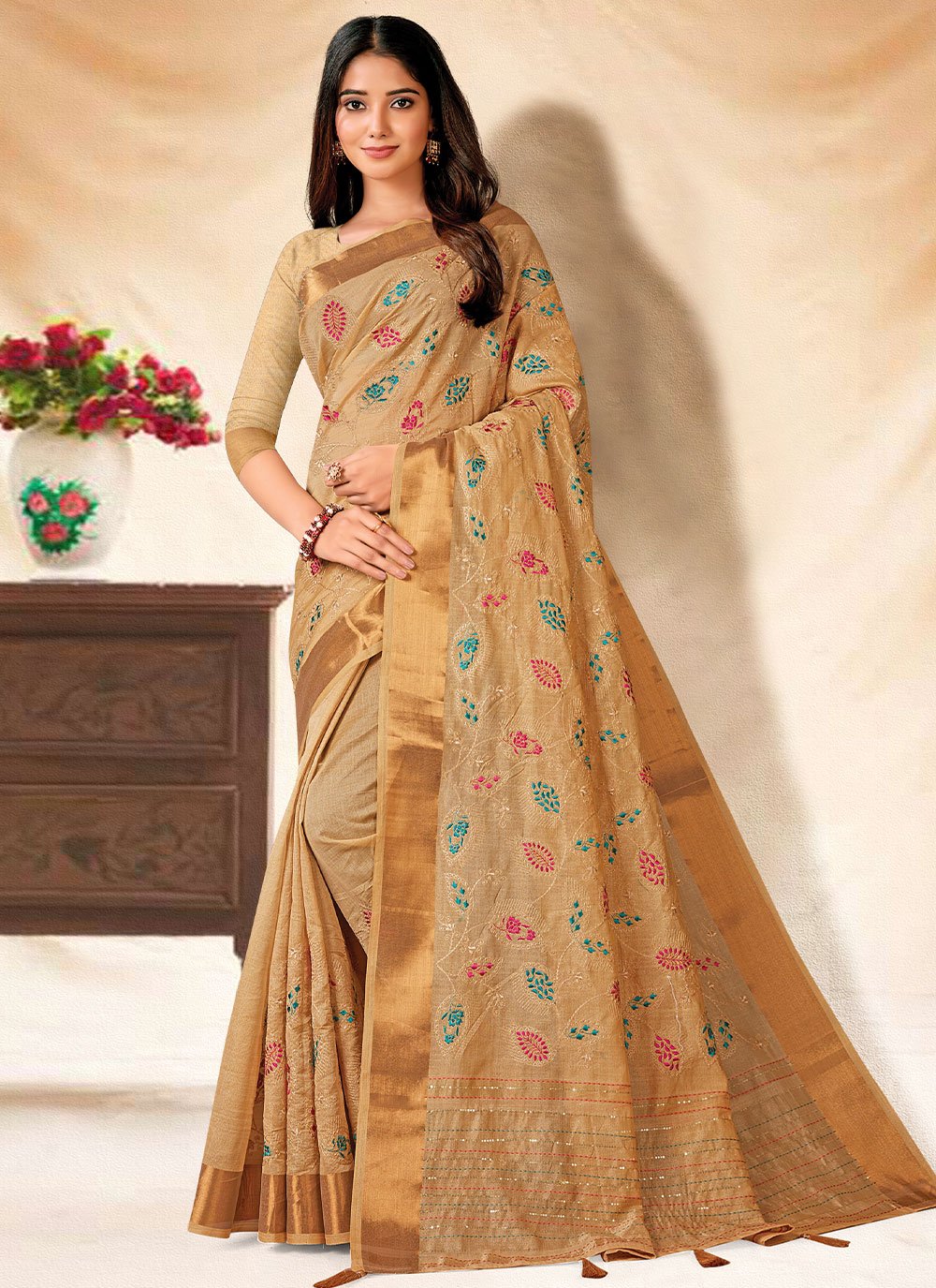 Contemporary Banarasi Silk Beige Embroidered Saree