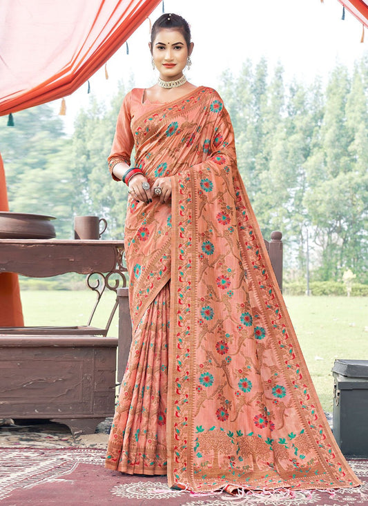 Traditional Saree Banarasi Silk Peach Embroidered Saree