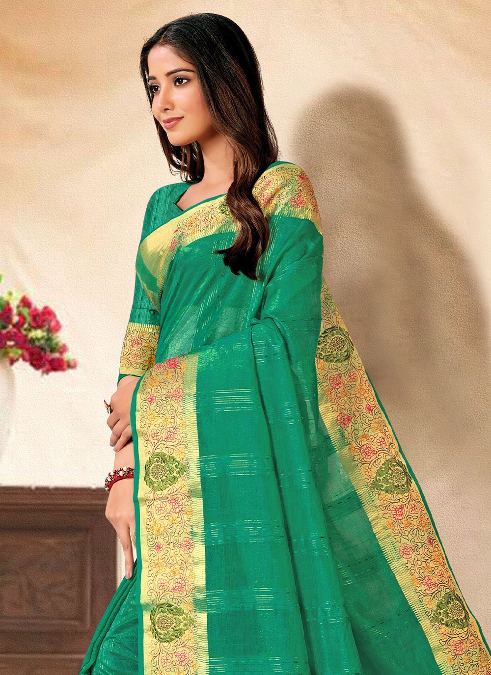 Classic Banarasi Silk Sea Green Embroidered Saree